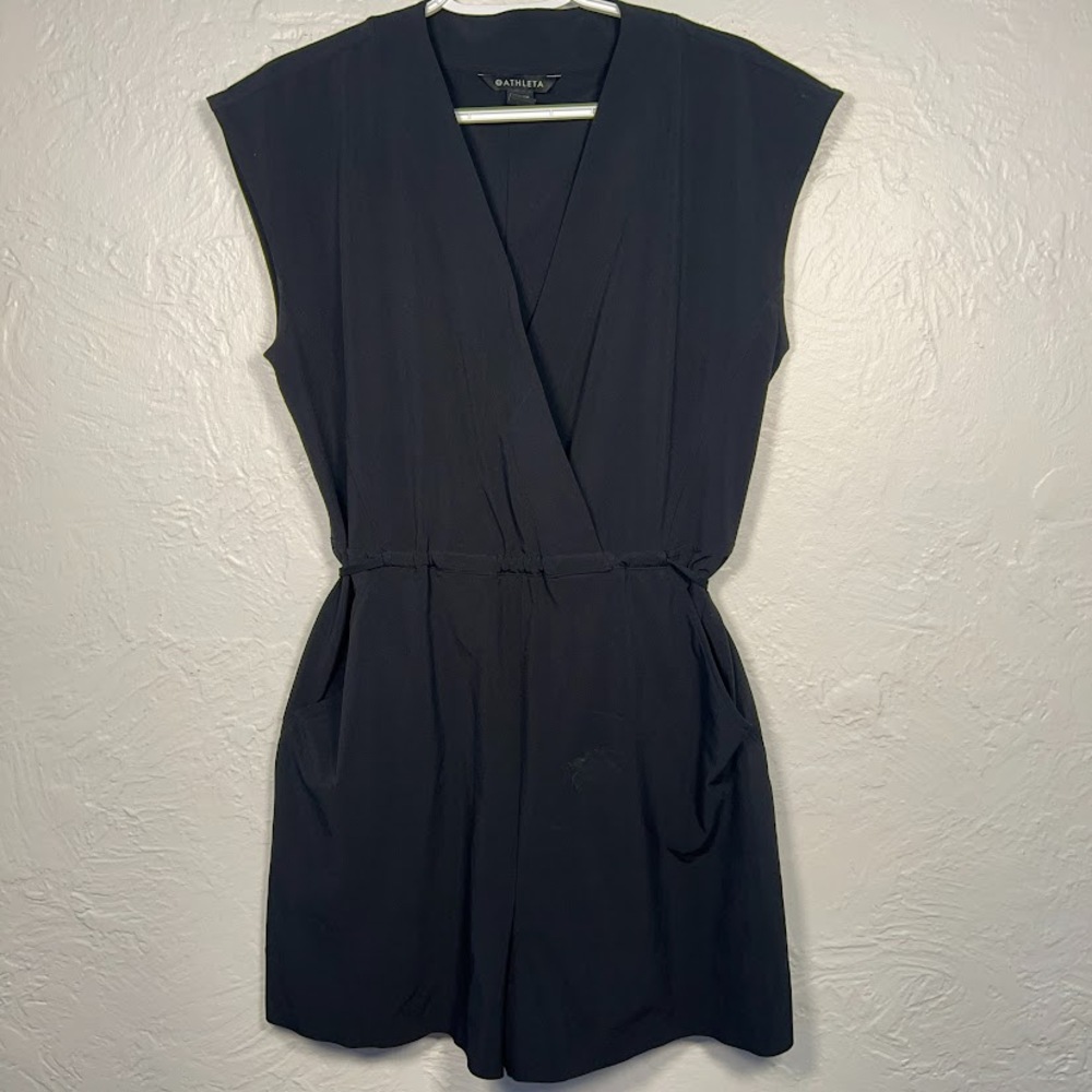 Athleta Marlow Romper Black S Women's Wrap V Neck Pockets Cap Sleeves